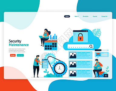 主页着陆页矢量平面插图的安全维护 云存储技术的维修和维护 数字备份数据库中的安全系统 网络 传单 网站 移动应用程序托管计算创新图片