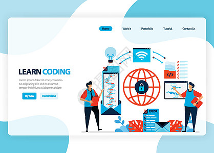 用于学习编程和编码的矢量主页 使用简单的编程语言开发应用程序 登陆页面 模板 ui ux web 移动应用程序 横幅 传单的平面图片
