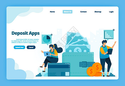 存款应用程序的登陆页面 无现金社会支付账单 存钱 钱包和金融交易 着陆页 网站 移动应用程序 海报 传单的插图图片