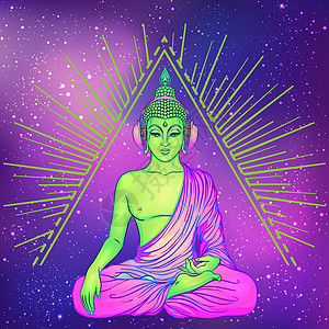 和平与爱 戴着彩虹眼镜的五颜六色的佛陀在耳机里听着音乐 矢量图 太阳镜上的嬉皮和平标志 迷幻的概念 佛教 恍惚音乐反战活力打碟机图片