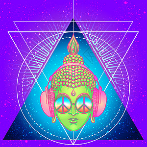 和平与爱 戴着彩虹眼镜的五颜六色的佛陀在耳机里听着音乐 矢量图 太阳镜上的嬉皮和平标志 迷幻的概念 佛教 恍惚音乐冥想海报插图派图片