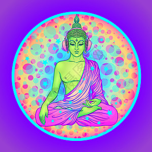 和平与爱 戴着彩虹眼镜的五颜六色的佛陀在耳机里听着音乐 矢量图 太阳镜上的嬉皮和平标志 迷幻的概念 佛教 恍惚音乐上帝冥想派对狂图片