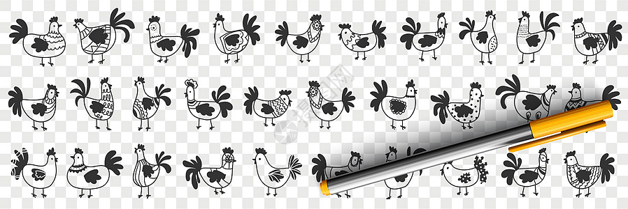 鸡和公鸡涂鸦套装农业卡通片小鸡农场绘画手绘家畜村庄收藏铅笔图片