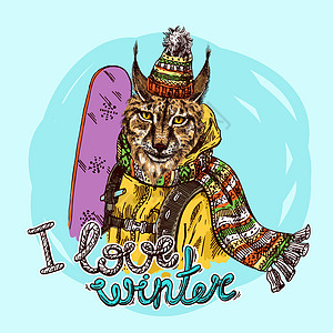 手画矢量打印 我喜欢冬天面具单板运动草图流行活动木板卡通片宠物海报图片