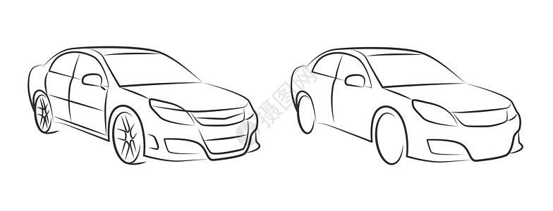 两个版本的汽车单色矢量图 孤立在白色背景上的黑色车辆轮廓透视草图图片