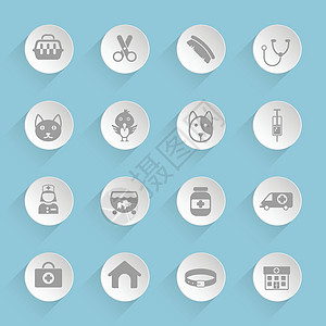 圆形蓬松纸圈上的兽医诊所灰色矢量图标 蓝色背景上有透明阴影 用于网络 移动和用户界面设计图片
