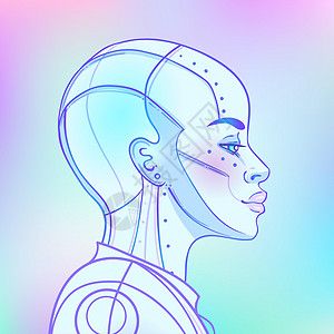 复古未来主义风格的机器人机器人女人的画像 矢量图 在发光的霓虹灯明亮的颜色的机器人的画像 未来派合成波传单模板女士女性科幻合成器图片