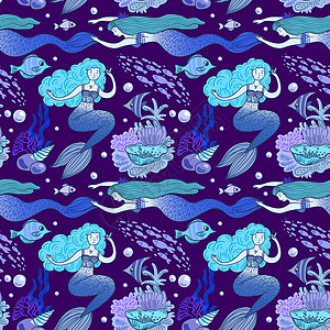 手工绘制的矢量插图美人鱼幸福故事海洋卡通片游泳蓝色生物尾巴女孩艺术图片