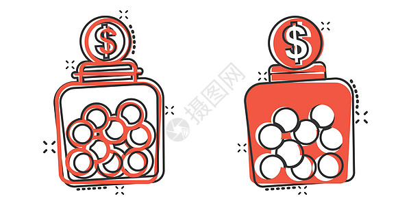 漫画风格中的货币框图标 Coin jar 集装箱卡通矢量插图 以白色孤立背景显示 捐赠钱箱飞溅效果商业概念订金银行业财富储蓄捐款图片