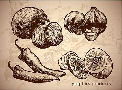 一套产品食物水果素描柠檬农业胡椒草图花园艺术绘画图片