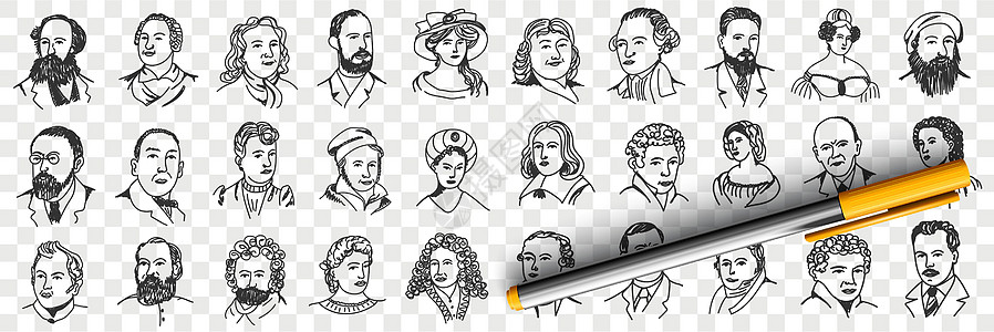 中年人的画像 人们的涂鸦男人铅笔假发男性绘画胡子女士手绘插图艺术图片