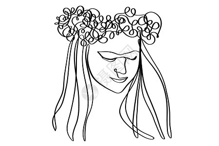 长头发和花朵般的美丽女人的肖像 连续的线条画图片