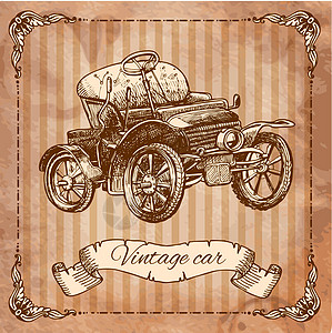用墨水绘制的雕刻风格的旧车旅游旅行古董车辆机器车轮插图速度历史性铁路图片