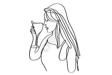 一个美丽的女人的肖像和一杯酒放在手边 连续的线条画图片