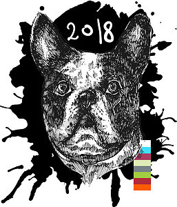 手工画的矢量插图斗牛犬领带艺术动物卡片墨水小狗宠物斑点海报潮人图片
