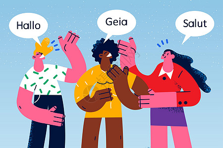 以不同语言交谈交流的各类人使用不同语言进行交流跨国演讲扬声器翻译卡通片男人学习者旅游旅行文化图片