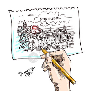 Lisbon 矢量插图城市文化铅笔城堡街道明信片景观平铺大教堂建筑学图片