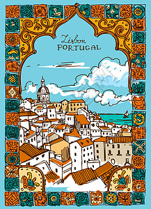 Lisbon 矢量插图街道大教堂城市平铺场景城堡地标景观墨水草图图片