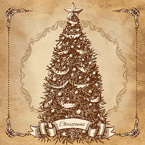 手绘圣诞树草图星星盒子糖果甘蔗松树插图礼物雪花丝带图片