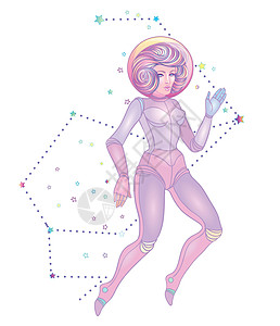 可爱的宇航员在空间飞行 穿着太空服的少女 染着紫色的头发和星星 时髦 柔和的哥特 鲜艳的色彩 孤立的矢量图套装宇航服天文学科学八图片