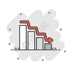 漫画风格的市场趋势图标 带有放大镜卡通矢量插图的下降箭头在白色孤立背景上 减少飞溅效果的经营理念金融勘探数据利润图表研究镜片库存图片