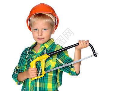 建筑工头盔上的那个小男孩工作服劳动者领班建设者螺丝刀快乐草稿建筑木匠绘画图片