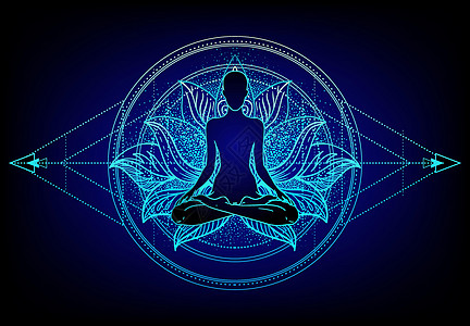 脉轮概念 内心的爱与和平 在莲花位置的佛剪影在五颜六色的华丽坛场 孤立的矢量图解 佛教深奥的图案平衡生活精神男人光环瑜伽女士艺术图片
