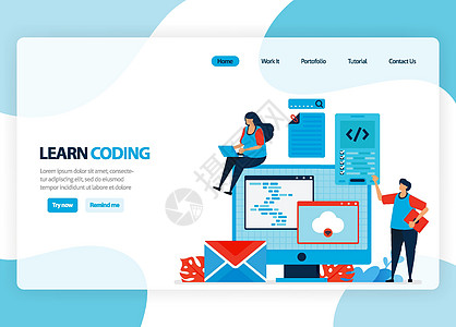用于学习编程和编码的矢量主页 使用简单的编程语言开发应用程序 登陆页面 模板 ui ux web 移动应用程序 横幅 传单的平面图片