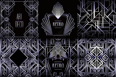 Art Deco 旧型图案和设计元素 retro党几何背景集1920年的风格 光学派对矢量说明邀请函婚礼框架卡片黑色钻石边界奢华图片