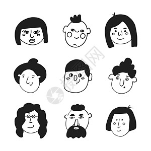 Doodle 风格的一组字符脸 矢量插图收藏家庭微笑头发团体男生孩子们艺术男性情感图片