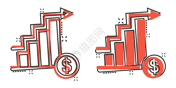 漫画风格中的市场趋势图标 增长箭头 在白色孤立背景上配有放大器卡通矢量插图 增加飞溅效果商业概念销售量图表玻璃镜片审查卡通片放大图片