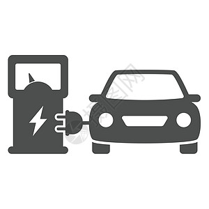 带电插头充电的电动生态汽车在白色背景隔离的充电站图标上充电 用于 web 移动和用户界面设计的电动生态汽车平面图标 电动生态交通图片