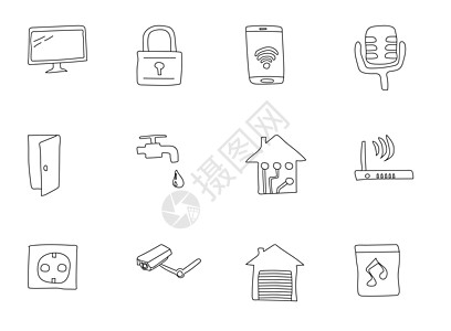 聪明的房子手绘线性矢量图标隔离在白色背景 用于网络和 ui 设计 移动应用程序和印刷产品的智能房屋涂鸦图标集音乐绘画旅行电话购物图片