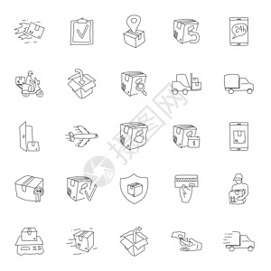 交付手绘线性涂鸦隔离在白色背景 用于 web 和 ui 设计 移动应用程序和印刷产品的交付图标集出口盒子时间进口卡车货物送货绘画图片