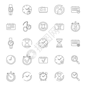 时间手绘线性涂鸦隔离在白色背景上 为 web 和 ui 设计 移动应用程序和印刷产品设置的时间图标测量圆圈手绘小时绘画齿轮速度警图片