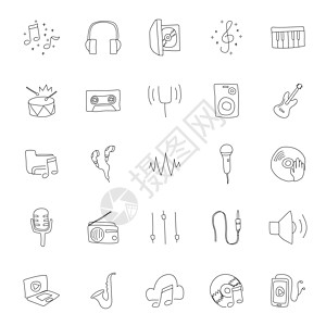 音乐手绘线性涂鸦孤立在白色背景上 用于 web 和 ui 设计 移动应用程序和印刷产品的音乐图标集嗓音仪器唱歌收音机钢琴记录扬声图片