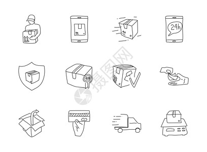 在白色上隔离的交付涂鸦 用于网页设计 用户界面 移动应用程序和打印的交付图标集男人服务后勤船运网络绘画进口时间送货插图图片