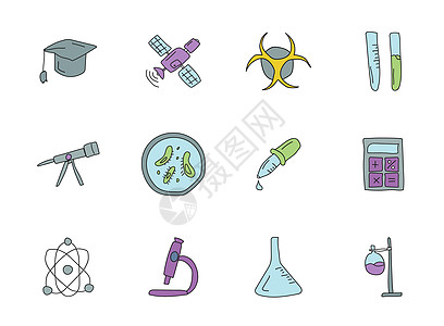 科学涂鸦隔离在白色 为网页设计 用户界面 移动应用程序和印刷品设置的科学图标绘画危害教育生物生物学学习显微镜网络教学烧瓶图片