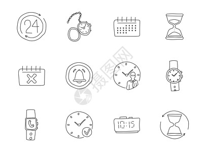时间手绘线性矢量图标隔离在白色背景上 为 web 和 ui 设计 移动应用程序和印刷产品设置的时间涂鸦图标界面用户收藏卡通片小时图片