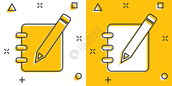 矢量卡通记事本编辑文档与漫画风格的铅笔图标 记事本概念插图象形文字 文档业务飞溅效果概念办公室绘画命令卡通片编辑网络笔记本互联网图片