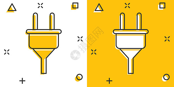 漫画风格的矢量卡通电插头图标 电源线电缆标志插图象形文字 电线业务飞溅效果概念按钮插座卡通片绳索力量活力工具金属贴纸出口图片