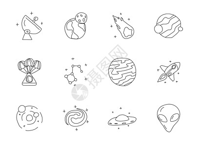 空间涂鸦隔离在白色 用于网页设计 用户界面 移动应用程序和打印的空间图标集宇宙土星外星人航天学手绘技术插图飞船流星星星图片