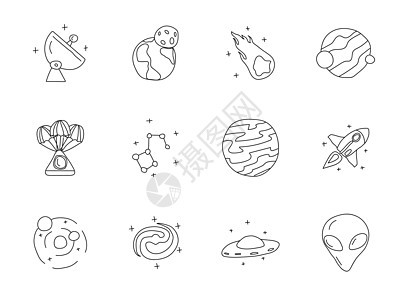 空间涂鸦隔离在白色 用于网页设计 用户界面 移动应用程序和打印的空间图标集宇宙土星外星人航天学手绘技术插图飞船流星星星图片