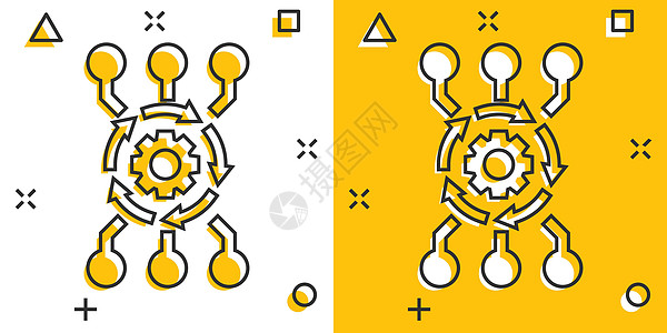漫画风格的矢量卡通算法 api 软件图标 带箭头概念插图象形文字的齿轮 算法业务飞溅效果概念编程一体化程序员钥匙服务网络安装引擎图片