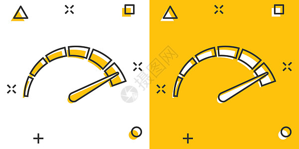 漫画风格的仪表板图标 信用评分指标水平矢量卡通插图象形文字 具有测量规模业务概念飞溅效果的仪表测试信息车速速度商业图表互联网网络图片