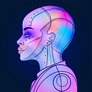 复古未来主义风格的机器人机器人女人的画像 矢量图 在发光的霓虹灯明亮的颜色的机器人的画像 未来派合成波传单模板机器女士游戏科幻合图片