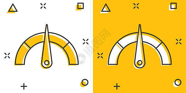 漫画风格的仪表板图标 信用评分指标水平矢量卡通插图象形文字 具有测量规模业务概念飞溅效果的仪表卡通片分数金融测试员技术时间指针车图片