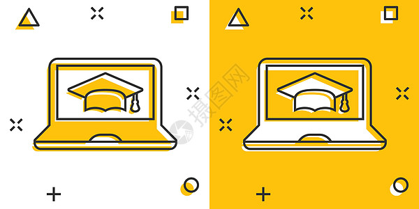 漫画风格的电子学习教育图标 研究矢量卡通插图象形文字 笔记本电脑在线培训业务概念飞溅效果学生浏览器训练互联网教学网络电子书技术学图片