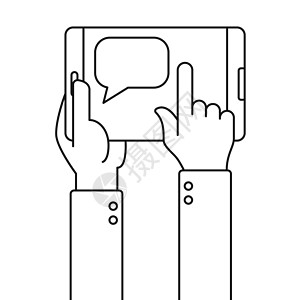人类手握平板电脑 用在白色背景上孤立的语音泡沫插图 线性矢量插图 用黑中划线用于网络和ui商业设计图片