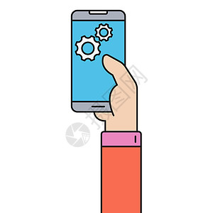 人手拿着智能手机 设置齿轮彩色插图隔离在白色背景上 用于 web 和 ui 业务设计的带有黑色笔划的彩色平面矢量图图片